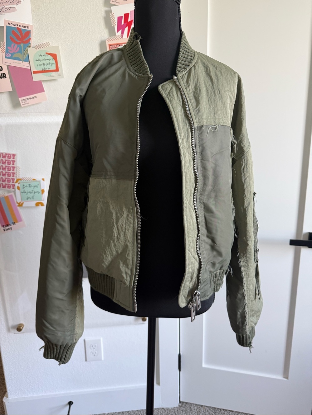 Zara Olive Green Distressed Bomber Jacket